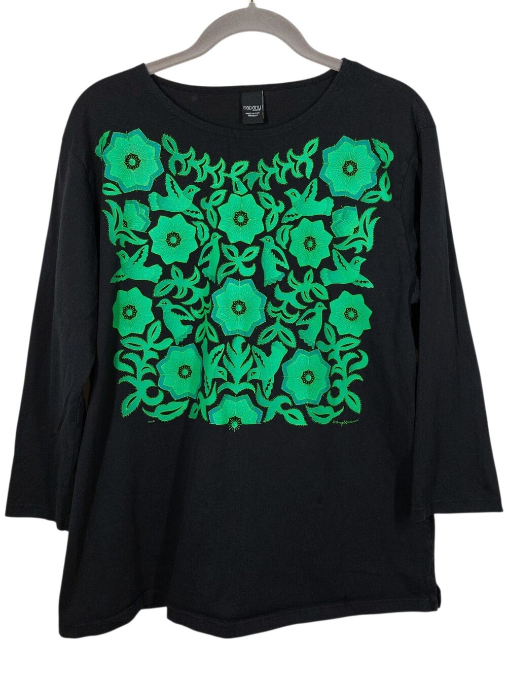 Sabaku Artwear Black Verde Green Birds Flowers Tshirt Top Size M 3/4 Sleeves USA